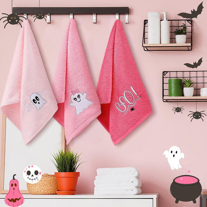 3 Pcs Pink Halloween Ghost Boo Hand Towels for Bathroom