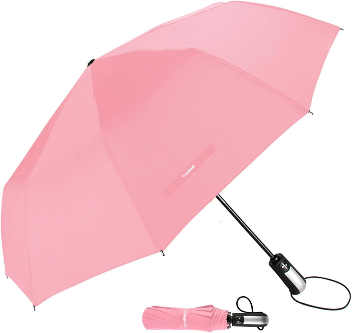 Travel Umbrella Windproof with 46 Inches Large Canopy 10 Reinforced Fiberglass Ribs Ergonomic Handle Auto Open & Close, Pink