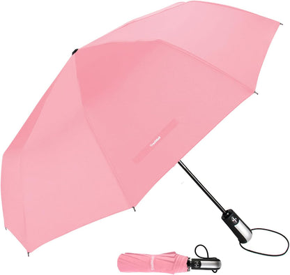 Travel Umbrella Windproof with 46 Inches Large Canopy 10 Reinforced Fiberglass Ribs Ergonomic Handle Auto Open & Close, Pink