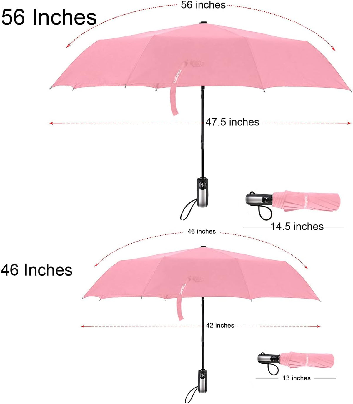 Travel Umbrella Windproof with 46 Inches Large Canopy 10 Reinforced Fiberglass Ribs Ergonomic Handle Auto Open & Close, Pink
