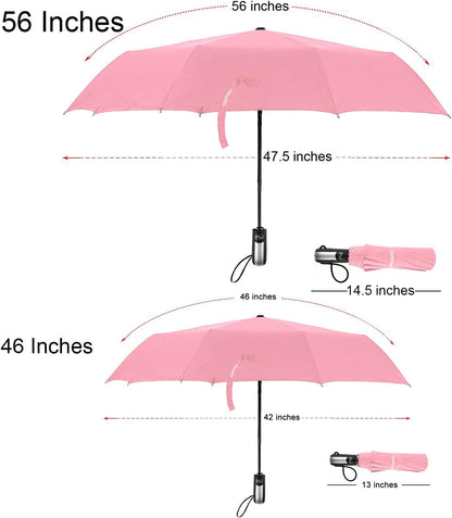 Travel Umbrella Windproof with 46 Inches Large Canopy 10 Reinforced Fiberglass Ribs Ergonomic Handle Auto Open & Close, Pink