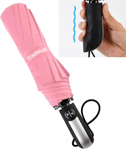 Travel Umbrella Windproof with 46 Inches Large Canopy 10 Reinforced Fiberglass Ribs Ergonomic Handle Auto Open & Close, Pink