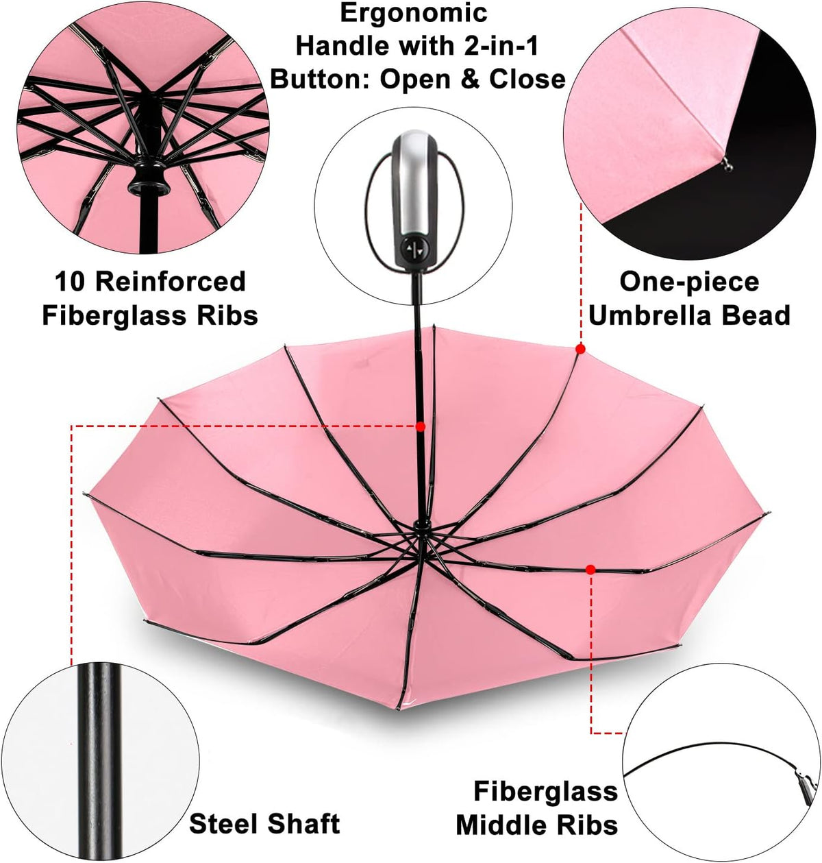 Travel Umbrella Windproof with 46 Inches Large Canopy 10 Reinforced Fiberglass Ribs Ergonomic Handle Auto Open & Close, Pink