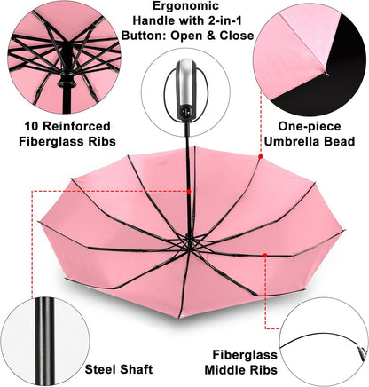 Travel Umbrella Windproof with 46 Inches Large Canopy 10 Reinforced Fiberglass Ribs Ergonomic Handle Auto Open & Close, Pink