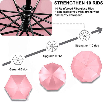 Travel Umbrella Windproof with 46 Inches Large Canopy 10 Reinforced Fiberglass Ribs Ergonomic Handle Auto Open & Close, Pink