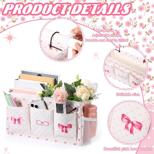 Pink Bow Bedside Caddy, Cute Bow Bedside Organizer, Pink Coquette Aesthetic Hanging Storage Caddy Bag with Fixed Strap and Water Bottle Holder for Home, College, Dorm, Bunk, Hospital, Bed Rail
