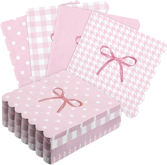 Crtiin 60 Pack Pink Bow Paper Napkins 3 Ply 5 x 5 in Disposable Cocktail Napkins with Scalloped Edges for Wedding Baby Shower Birthday Party Decoration