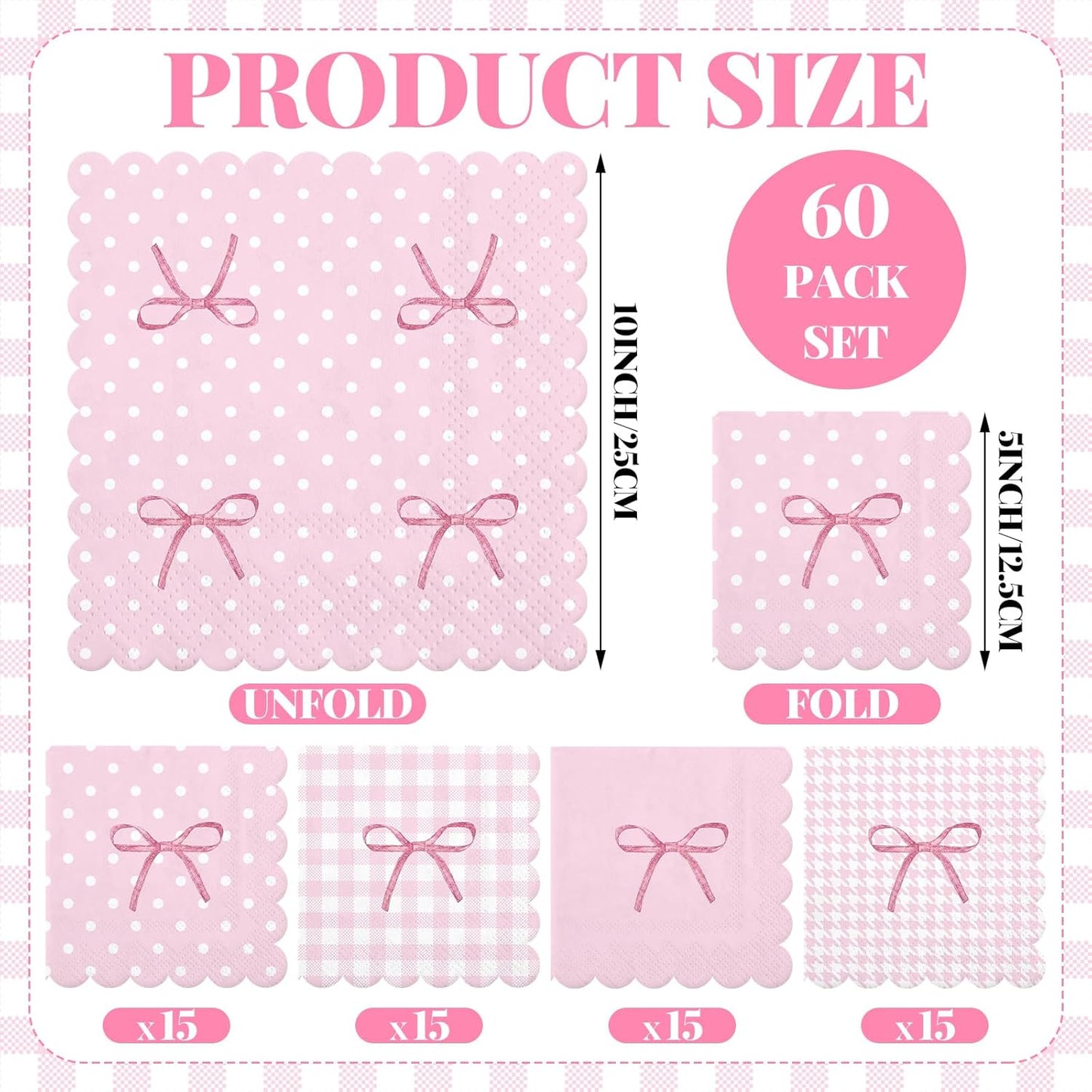 Crtiin 60 Pack Pink Bow Paper Napkins 3 Ply 5 x 5 in Disposable Cocktail Napkins with Scalloped Edges for Wedding Baby Shower Birthday Party Decoration