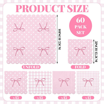 Crtiin 60 Pack Pink Bow Paper Napkins 3 Ply 5 x 5 in Disposable Cocktail Napkins with Scalloped Edges for Wedding Baby Shower Birthday Party Decoration