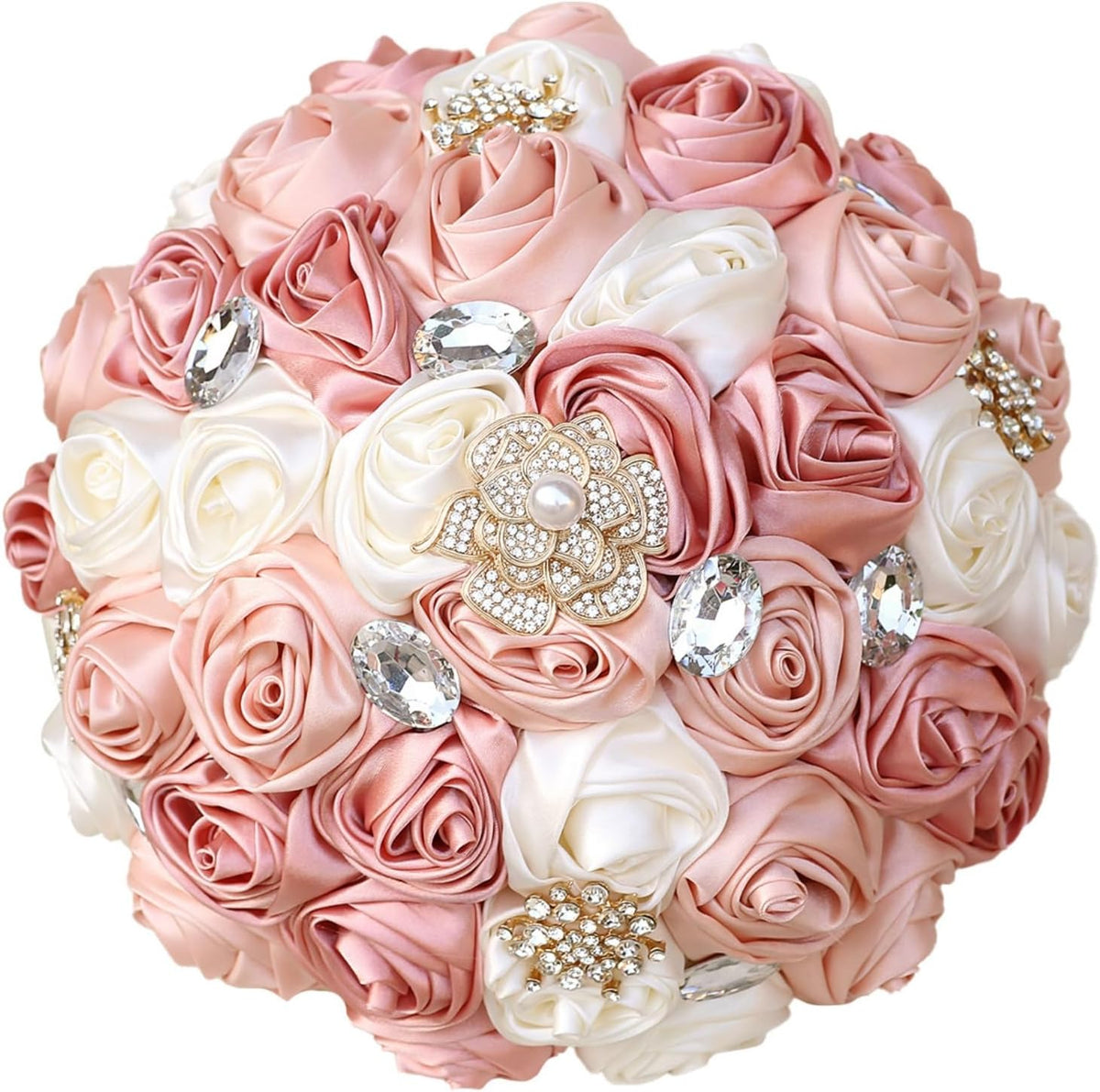 Blush Pink and Ivory Bridal Wedding Bouquet with Gold Brooch Bling Rhinestone Bouquet for Bride Bridesmaid Quinceanera Satin Dusty Rose Flower Bouquet Wedding Blush Pink and Ivory 8.7in