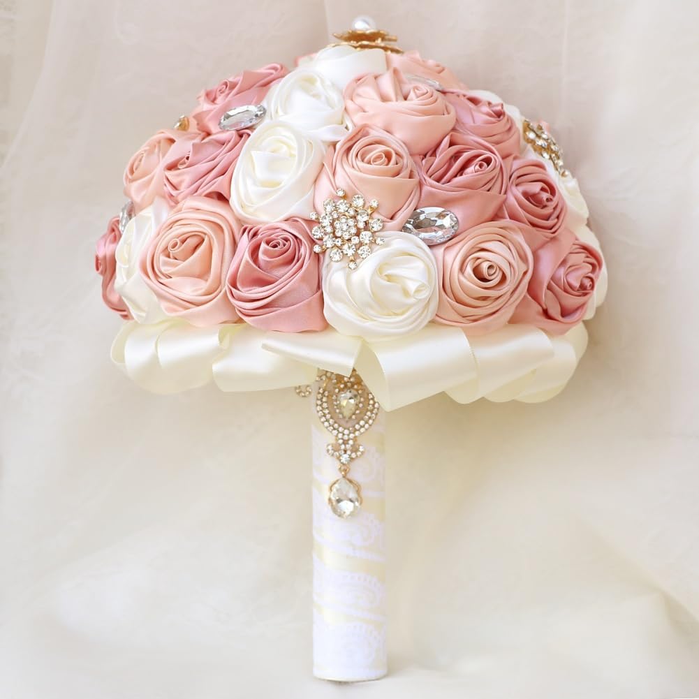 Blush Pink and Ivory Bridal Wedding Bouquet with Gold Brooch Bling Rhinestone Bouquet for Bride Bridesmaid Quinceanera Satin Dusty Rose Flower Bouquet Wedding Blush Pink and Ivory 8.7in