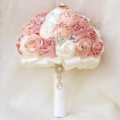 Blush Pink and Ivory Bridal Wedding Bouquet with Gold Brooch Bling Rhinestone Bouquet for Bride Bridesmaid Quinceanera Satin Dusty Rose Flower Bouquet Wedding Blush Pink and Ivory 8.7in