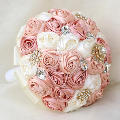 Blush Pink and Ivory Bridal Wedding Bouquet with Gold Brooch Bling Rhinestone Bouquet for Bride Bridesmaid Quinceanera Satin Dusty Rose Flower Bouquet Wedding Blush Pink and Ivory 8.7in