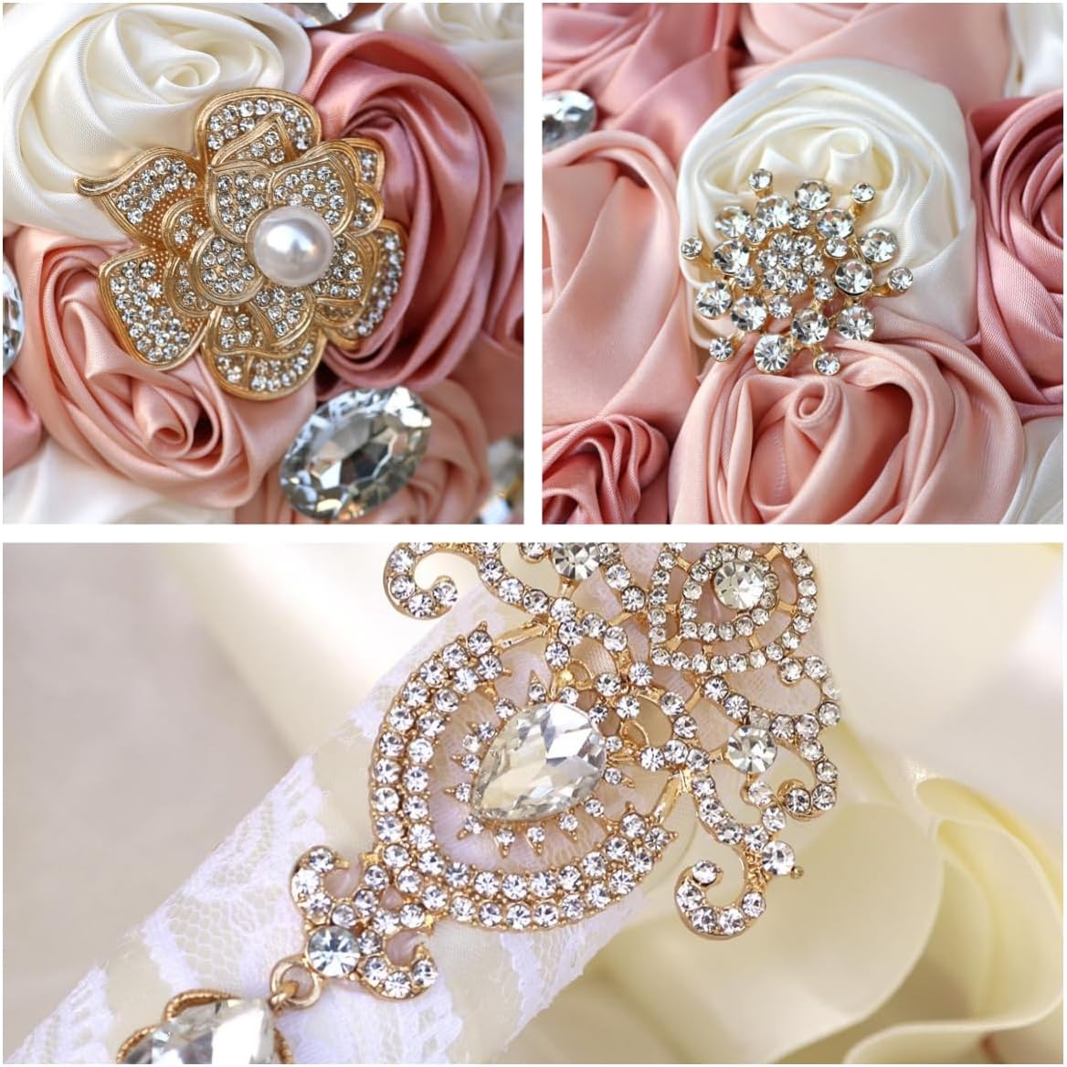 Blush Pink and Ivory Bridal Wedding Bouquet with Gold Brooch Bling Rhinestone Bouquet for Bride Bridesmaid Quinceanera Satin Dusty Rose Flower Bouquet Wedding Blush Pink and Ivory 8.7in