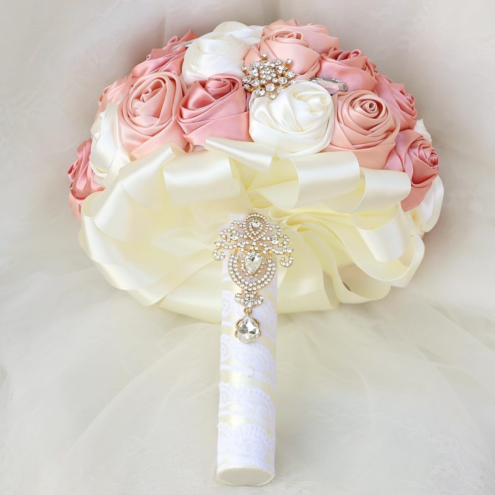 Blush Pink and Ivory Bridal Wedding Bouquet with Gold Brooch Bling Rhinestone Bouquet for Bride Bridesmaid Quinceanera Satin Dusty Rose Flower Bouquet Wedding Blush Pink and Ivory 8.7in