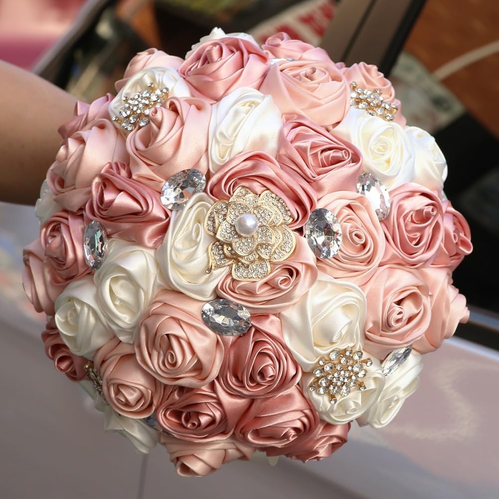 Blush Pink and Ivory Bridal Wedding Bouquet with Gold Brooch Bling Rhinestone Bouquet for Bride Bridesmaid Quinceanera Satin Dusty Rose Flower Bouquet Wedding Blush Pink and Ivory 8.7in