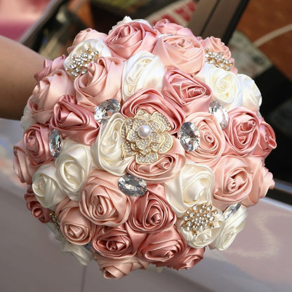 Blush Pink and Ivory Bridal Wedding Bouquet with Gold Brooch Bling Rhinestone Bouquet for Bride Bridesmaid Quinceanera Satin Dusty Rose Flower Bouquet Wedding Blush Pink and Ivory 8.7in