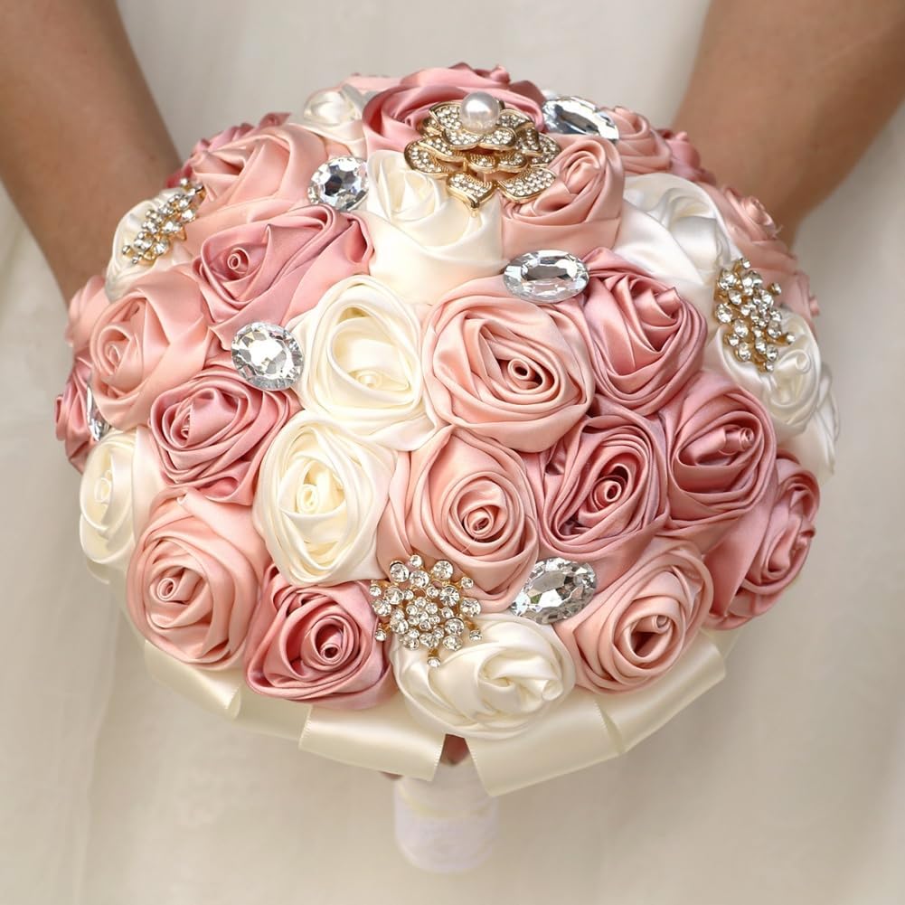 Blush Pink and Ivory Bridal Wedding Bouquet with Gold Brooch Bling Rhinestone Bouquet for Bride Bridesmaid Quinceanera Satin Dusty Rose Flower Bouquet Wedding Blush Pink and Ivory 8.7in