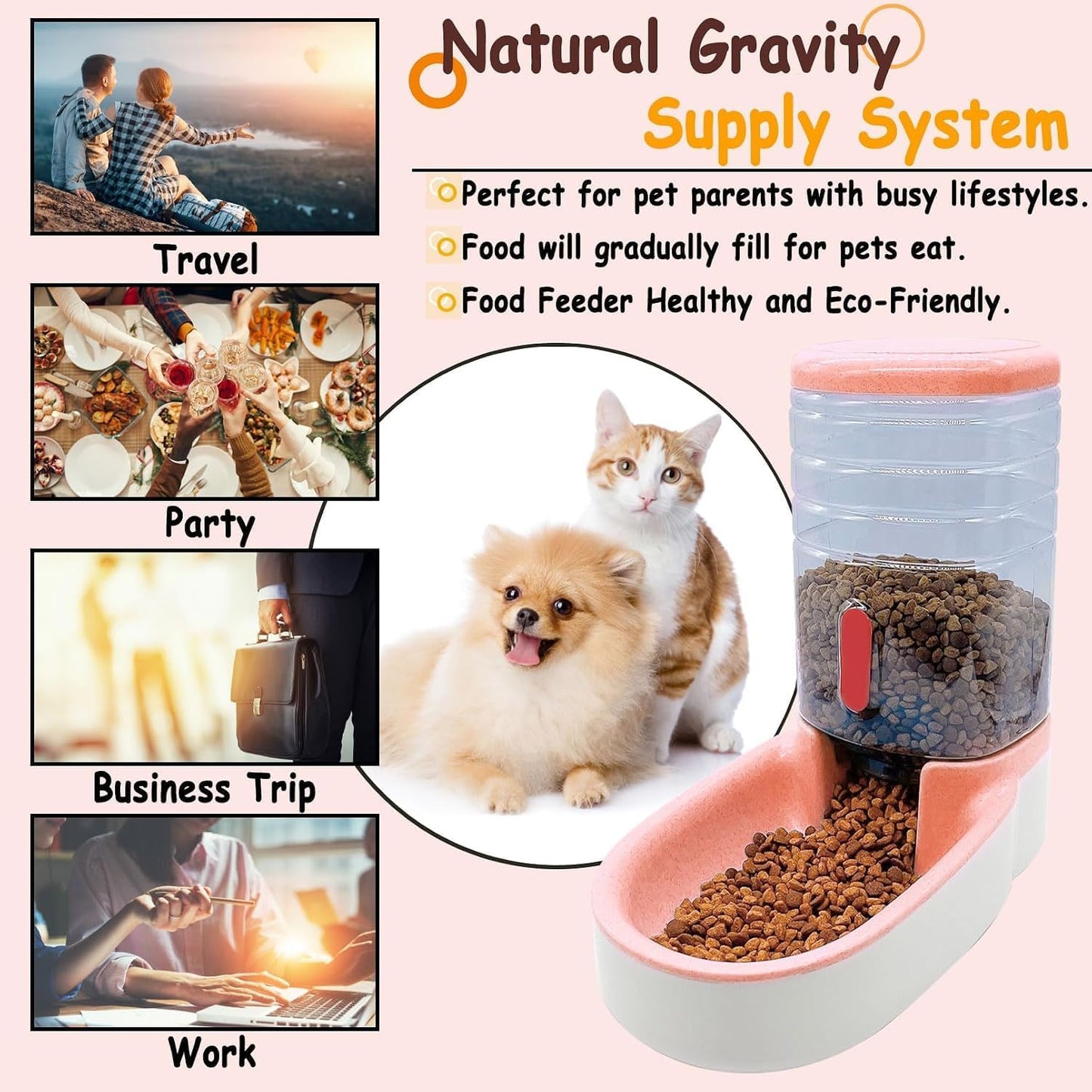 kathson Gravity Dog Food Dispenser Automatic Cat Feeding Food Station 1 Gallon Large Capacity Puppy Food Bowl for Small and Medium Dogs Cats Pink