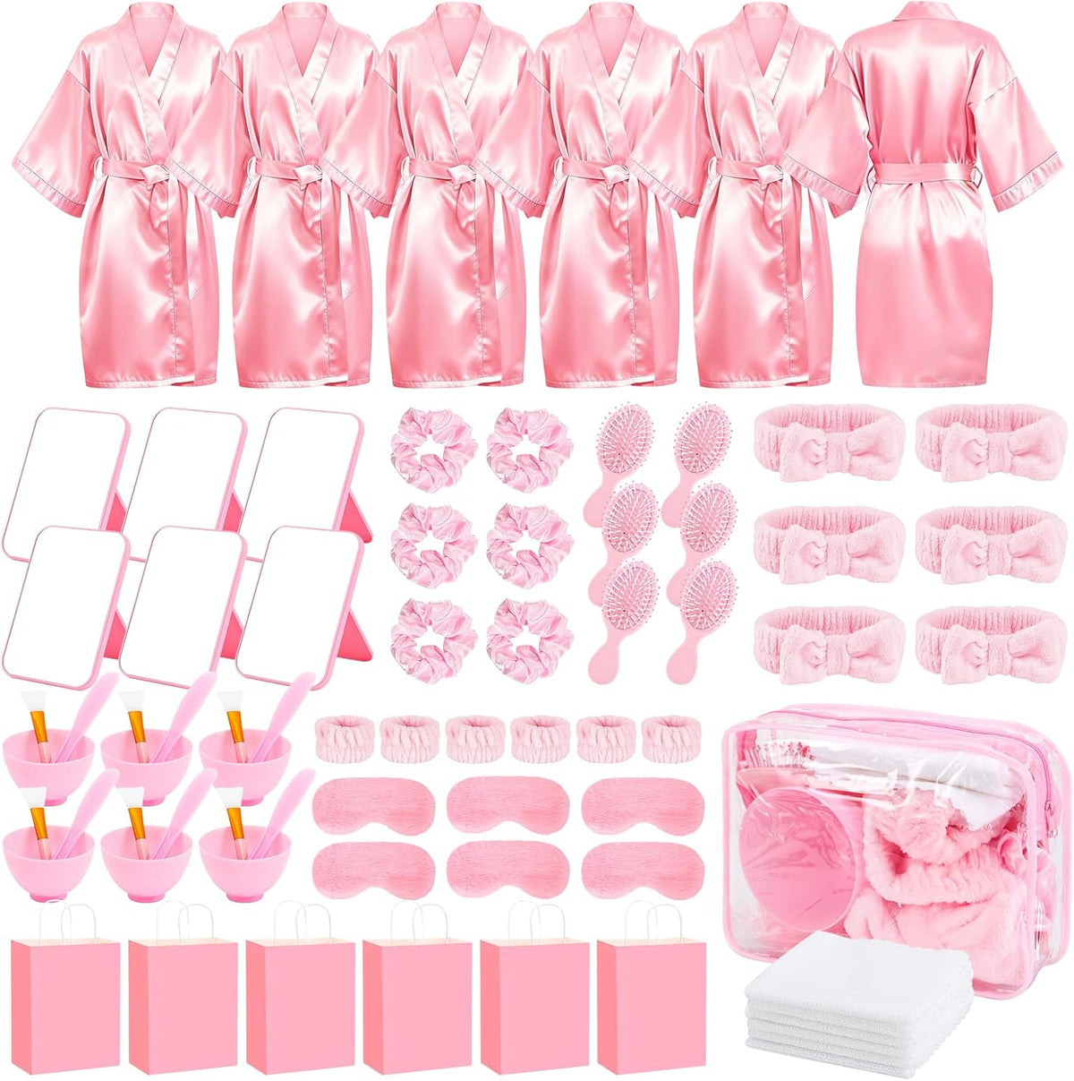 78Pcs/6Set Spa Party Supplies for Girls Pink Kids Sleepover Party Favors with Satin Robe Mirror Headband Scrunchies Eye Masks Combs Towel Mixing Bowl Cosmetic Bags for Slumber Birthday Christmas Gift