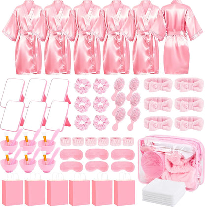 78Pcs/6Set Spa Party Supplies for Girls Pink Kids Sleepover Party Favors with Satin Robe Mirror Headband Scrunchies Eye Masks Combs Towel Mixing Bowl Cosmetic Bags for Slumber Birthday Christmas Gift