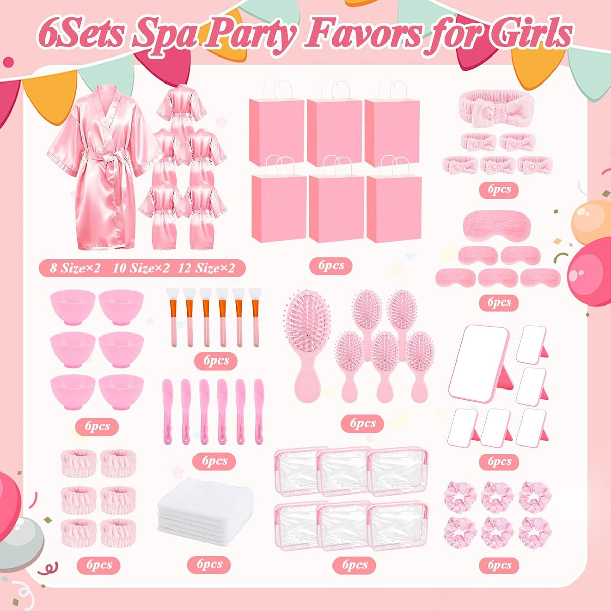 78Pcs/6Set Spa Party Supplies for Girls Pink Kids Sleepover Party Favors with Satin Robe Mirror Headband Scrunchies Eye Masks Combs Towel Mixing Bowl Cosmetic Bags for Slumber Birthday Christmas Gift