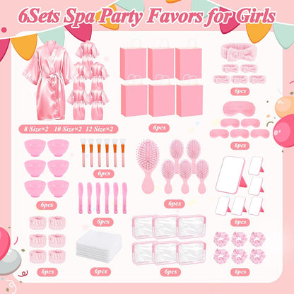 78Pcs/6Set Spa Party Supplies for Girls Pink Kids Sleepover Party Favors with Satin Robe Mirror Headband Scrunchies Eye Masks Combs Towel Mixing Bowl Cosmetic Bags for Slumber Birthday Christmas Gift