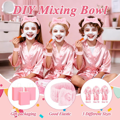 78Pcs/6Set Spa Party Supplies for Girls Pink Kids Sleepover Party Favors with Satin Robe Mirror Headband Scrunchies Eye Masks Combs Towel Mixing Bowl Cosmetic Bags for Slumber Birthday Christmas Gift