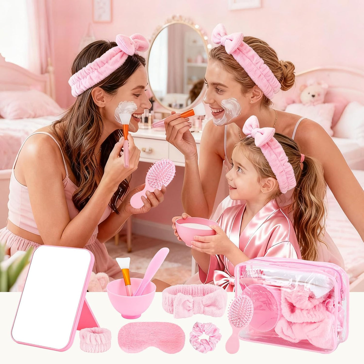 78Pcs/6Set Spa Party Supplies for Girls Pink Kids Sleepover Party Favors with Satin Robe Mirror Headband Scrunchies Eye Masks Combs Towel Mixing Bowl Cosmetic Bags for Slumber Birthday Christmas Gift