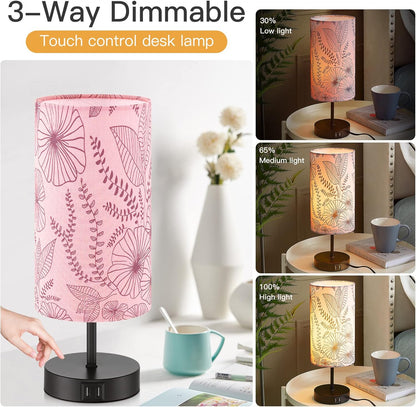 CINSARY Touch Control Bedside Lamp with 2 USB Ports, 3-Way Dimmable Table lamp for Bedroom, Nightstand Lamp with Round Pink Flower Fabric Shade for Living Room Home Office (E26 LED Bulb Included)
