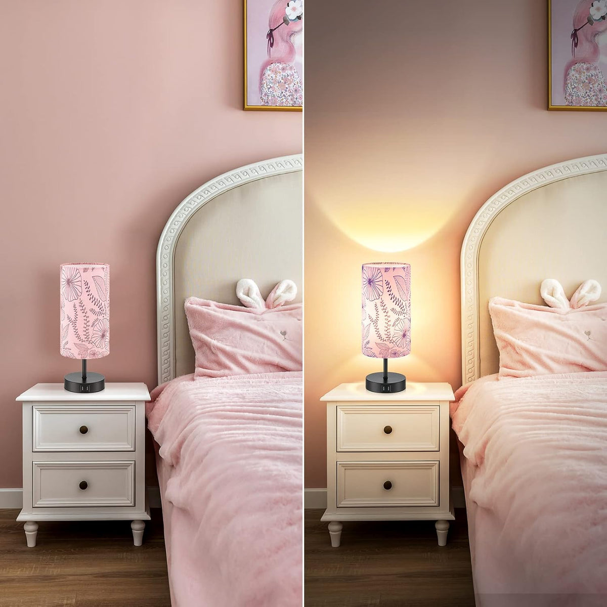 CINSARY Touch Control Bedside Lamp with 2 USB Ports, 3-Way Dimmable Table lamp for Bedroom, Nightstand Lamp with Round Pink Flower Fabric Shade for Living Room Home Office (E26 LED Bulb Included)