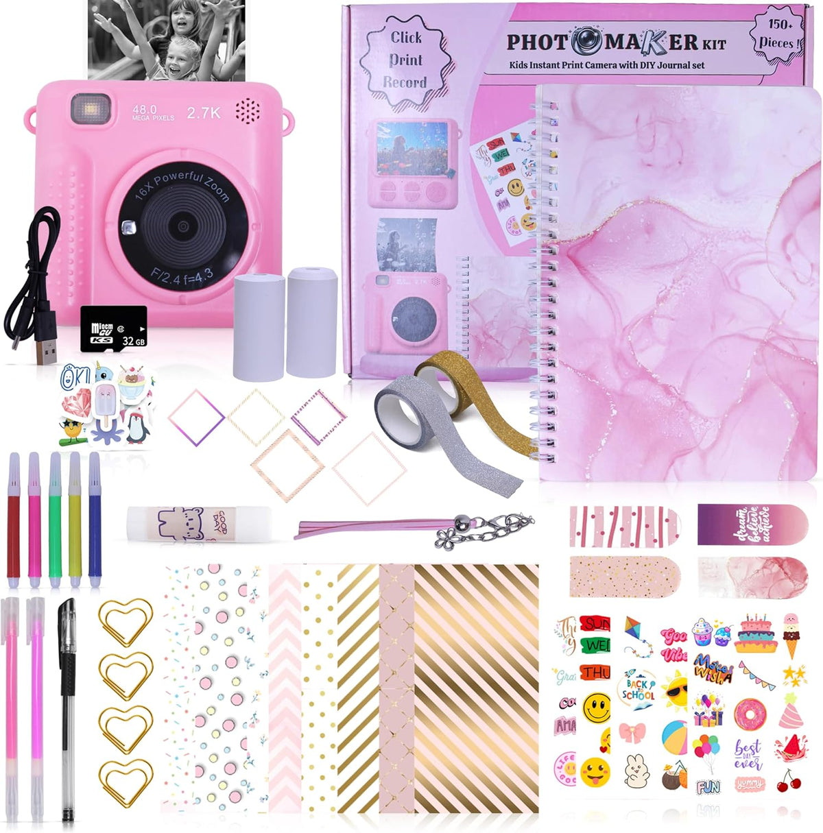 Photomaker Kit - Instant Print Camera for Kids Plus DIY Journal Kit for Girls - 150 Pcs Tween Journal & Camera for Girls - 6 7 8 9 10 11 12 13 14 Year Old Girl (Pink)