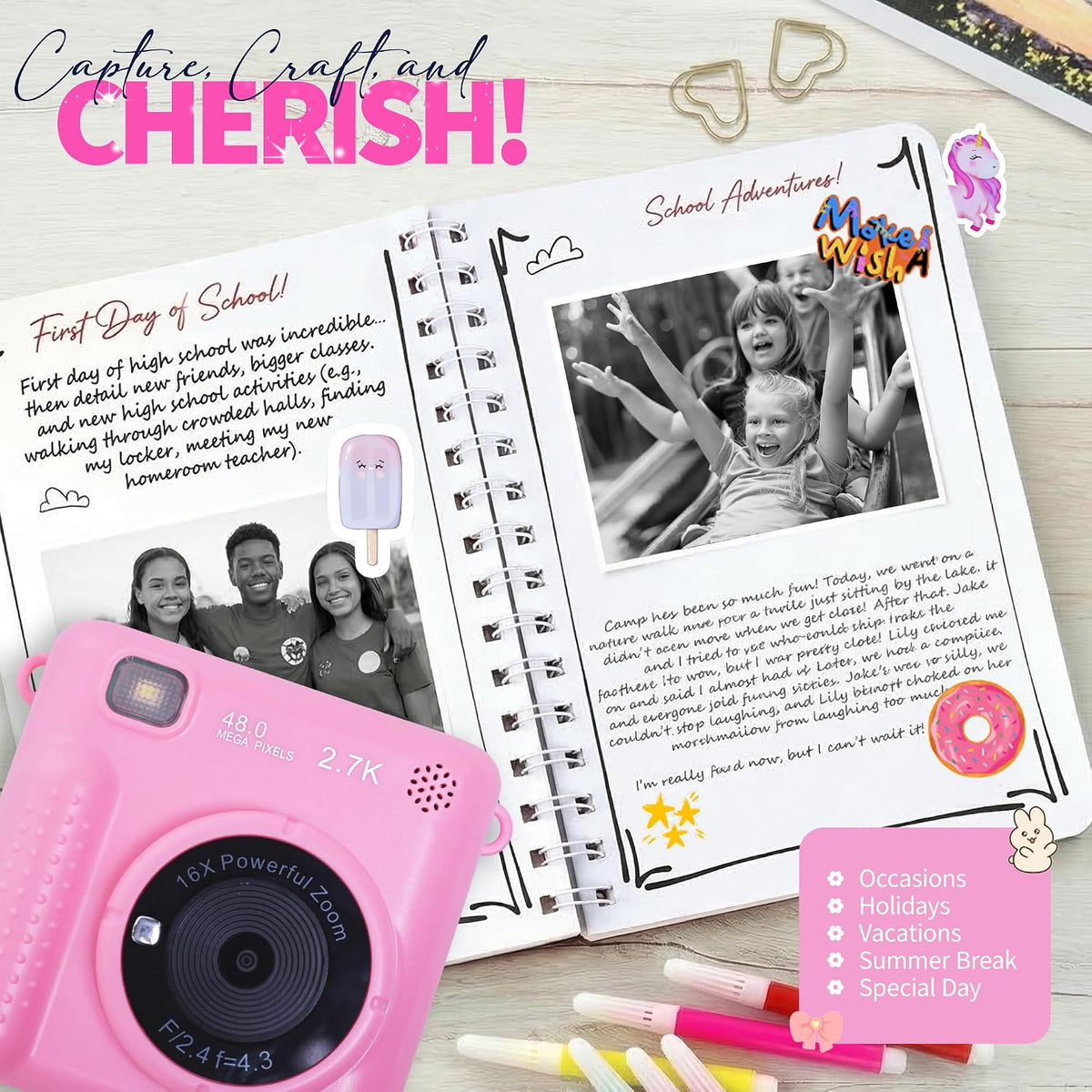 Photomaker Kit - Instant Print Camera for Kids Plus DIY Journal Kit for Girls - 150 Pcs Tween Journal & Camera for Girls - 6 7 8 9 10 11 12 13 14 Year Old Girl (Pink)