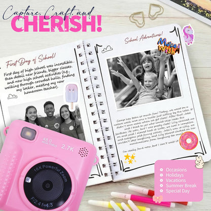 Photomaker Kit - Instant Print Camera for Kids Plus DIY Journal Kit for Girls - 150 Pcs Tween Journal & Camera for Girls - 6 7 8 9 10 11 12 13 14 Year Old Girl (Pink)