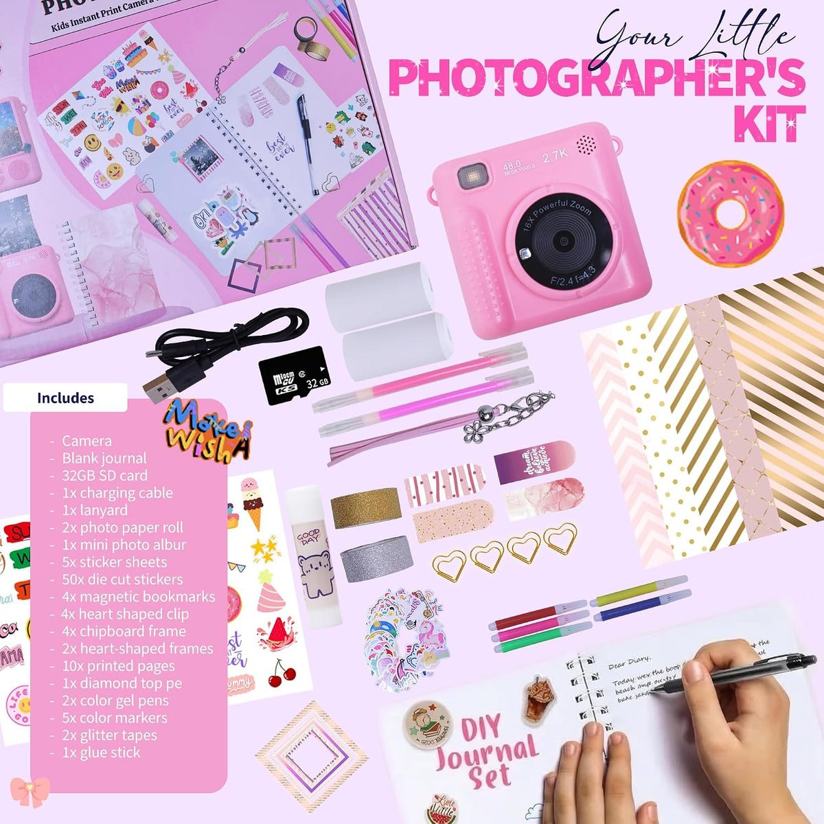 Photomaker Kit - Instant Print Camera for Kids Plus DIY Journal Kit for Girls - 150 Pcs Tween Journal & Camera for Girls - 6 7 8 9 10 11 12 13 14 Year Old Girl (Pink)