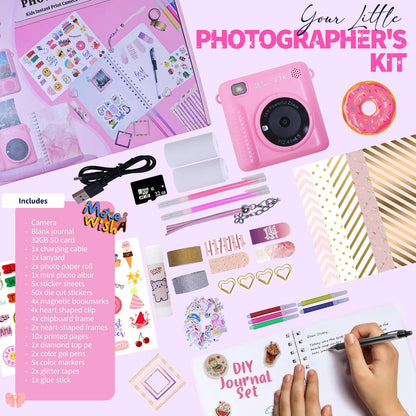 Photomaker Kit - Instant Print Camera for Kids Plus DIY Journal Kit for Girls - 150 Pcs Tween Journal & Camera for Girls - 6 7 8 9 10 11 12 13 14 Year Old Girl (Pink)