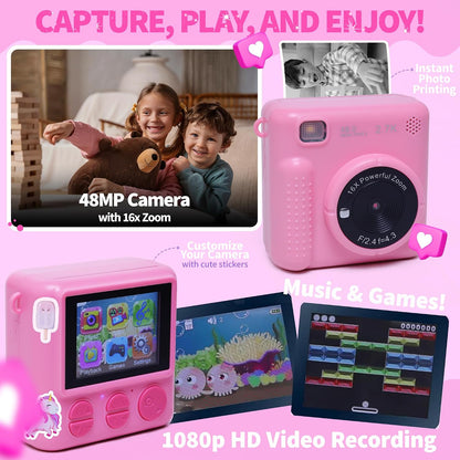 Photomaker Kit - Instant Print Camera for Kids Plus DIY Journal Kit for Girls - 150 Pcs Tween Journal & Camera for Girls - 6 7 8 9 10 11 12 13 14 Year Old Girl (Pink)