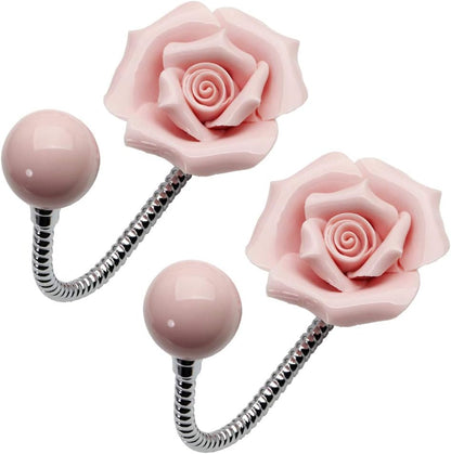 3D Flower Ceramic Wall Coat Hook, 2Pcs Rose Pink Set