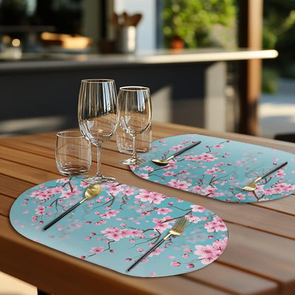 6 PCS Tablemats Non-Slip Oil-Proof Oval Kitchen Table Mats Heat Resistant PU Leather Table Mats for Home Farmhouse Round Table, 12 x 18 Inch, Peach Blossom