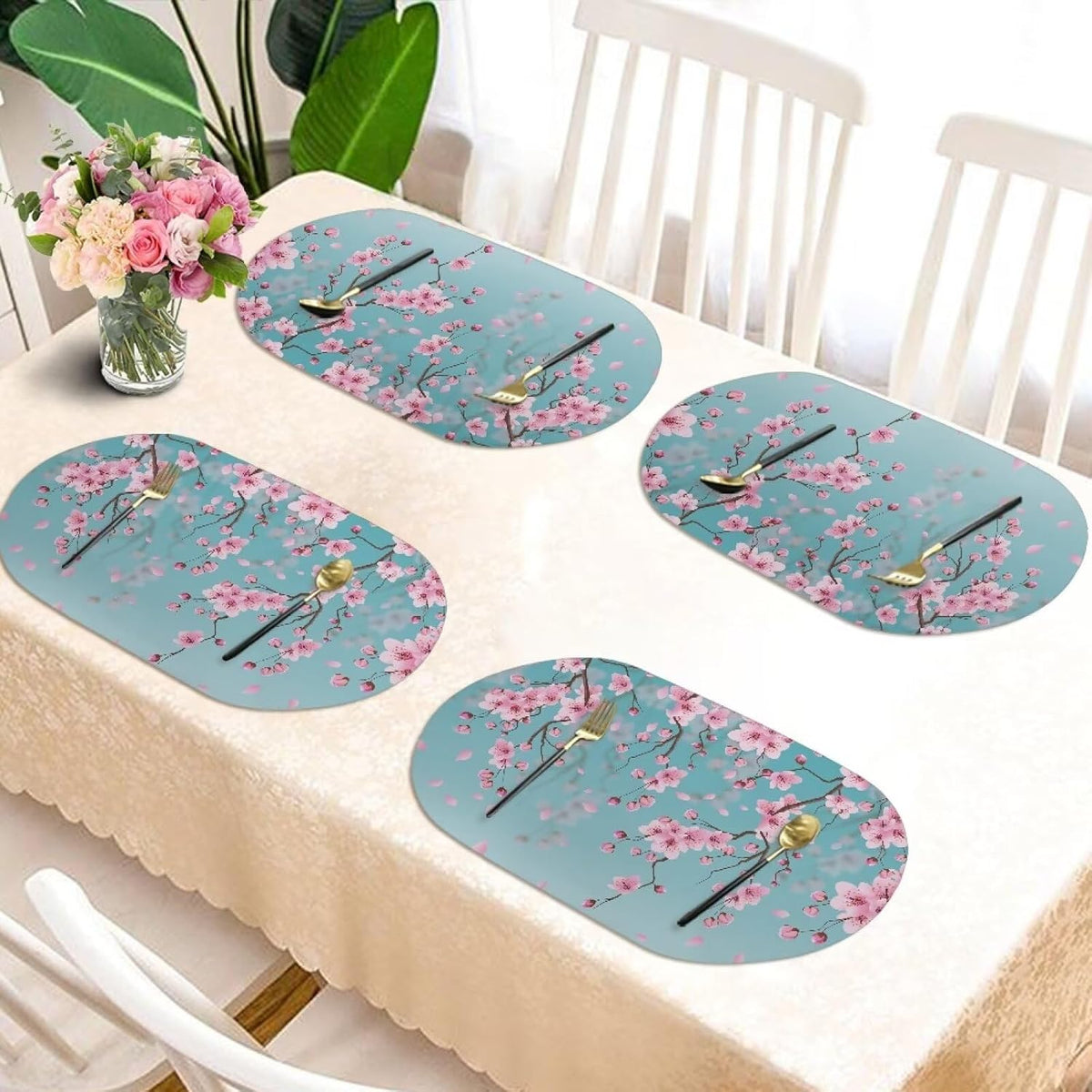 6 PCS Tablemats Non-Slip Oil-Proof Oval Kitchen Table Mats Heat Resistant PU Leather Table Mats for Home Farmhouse Round Table, 12 x 18 Inch, Peach Blossom