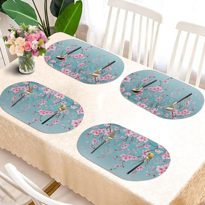 6 PCS Tablemats Non-Slip Oil-Proof Oval Kitchen Table Mats Heat Resistant PU Leather Table Mats for Home Farmhouse Round Table, 12 x 18 Inch, Peach Blossom