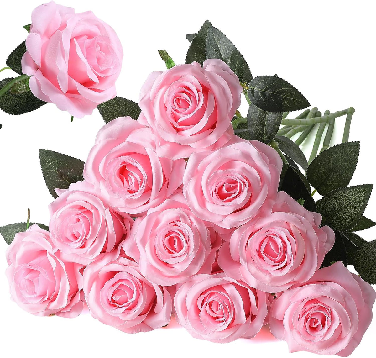 10pcs Pink Roses Artificial Flowers, Realistic Faux Rose with Long Stem