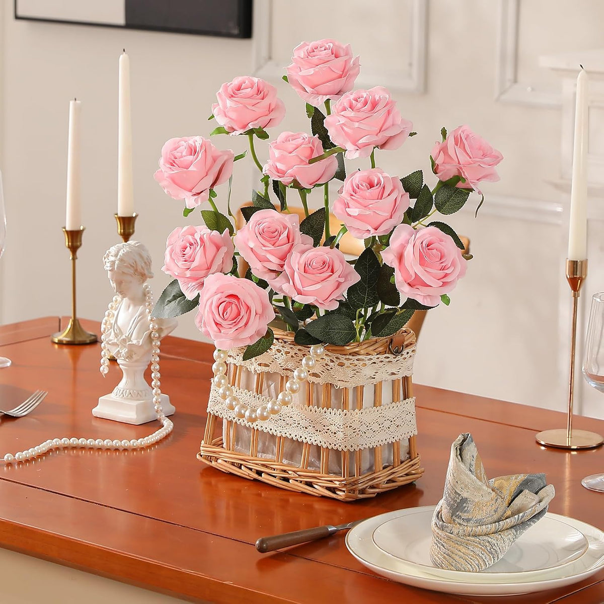 10pcs Pink Roses Artificial Flowers, Realistic Faux Rose with Long Stem