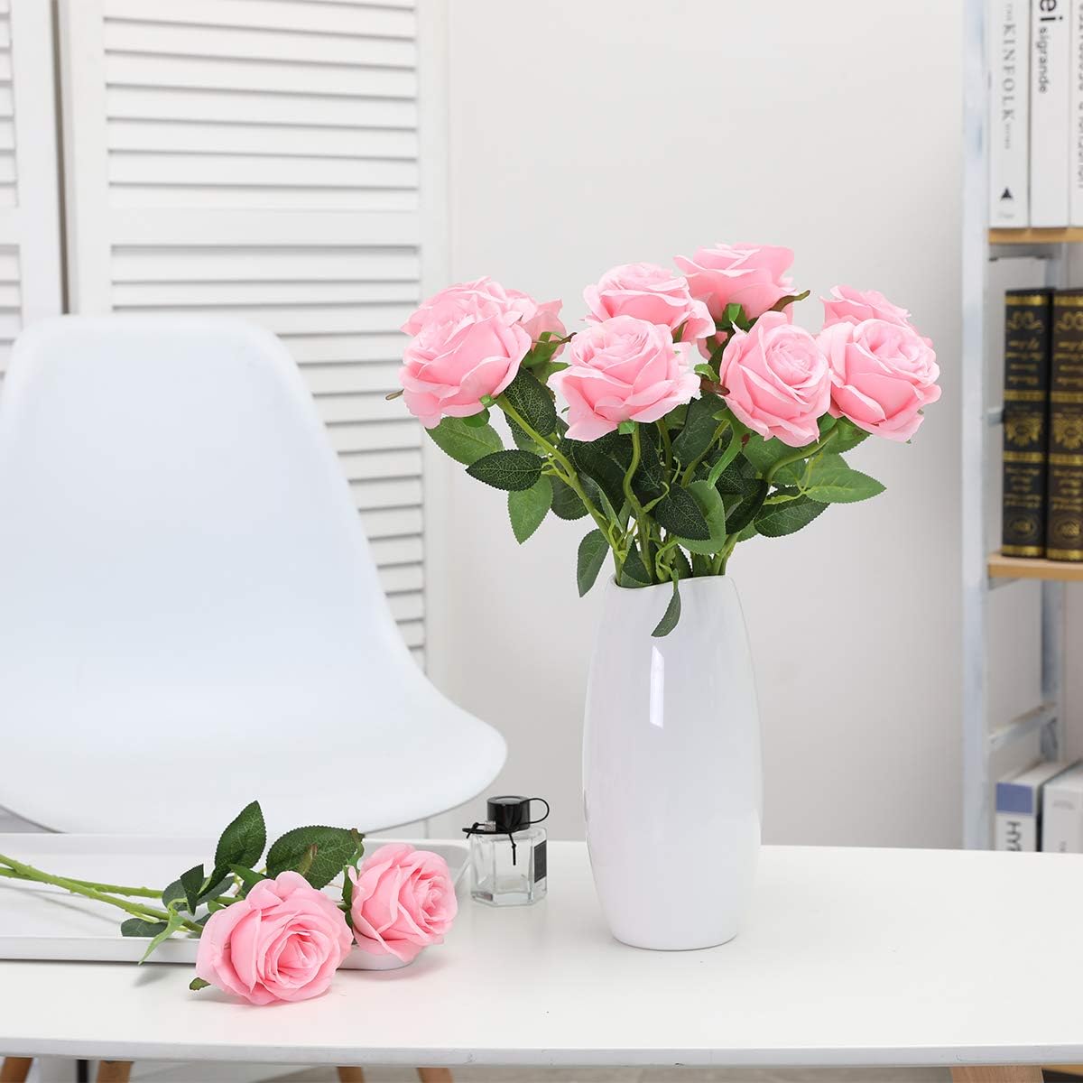 10pcs Pink Roses Artificial Flowers, Realistic Faux Rose with Long Stem