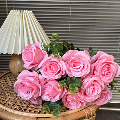 10pcs Pink Roses Artificial Flowers, Realistic Faux Rose with Long Stem
