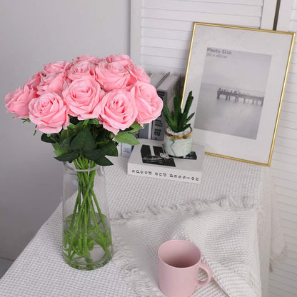 10pcs Pink Roses Artificial Flowers, Realistic Faux Rose with Long Stem