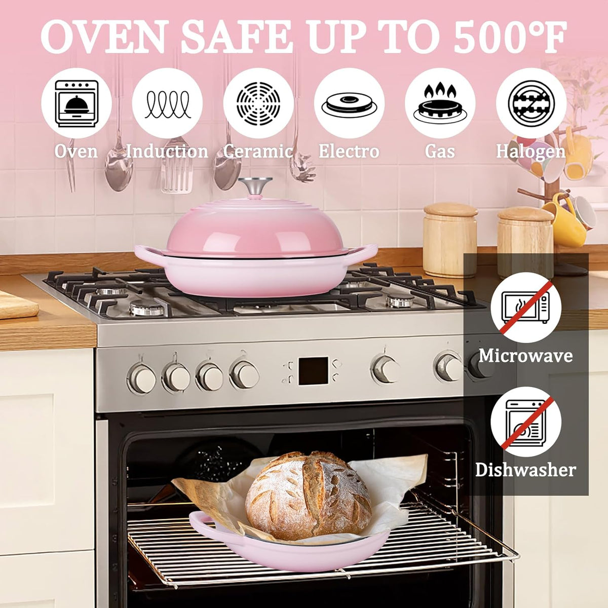 6QT Cast Iron Bread Dutch Oven for Sourdough Bread Baking, Pink