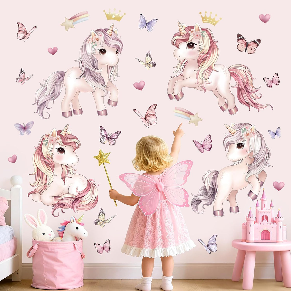 Pink Unicorn Butterfly Wall Decals Rainbow Heart Wall Stickers