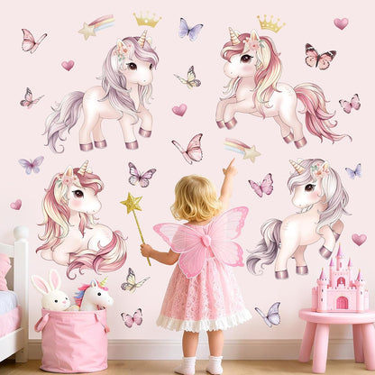 Pink Unicorn Butterfly Wall Decals Rainbow Heart Wall Stickers