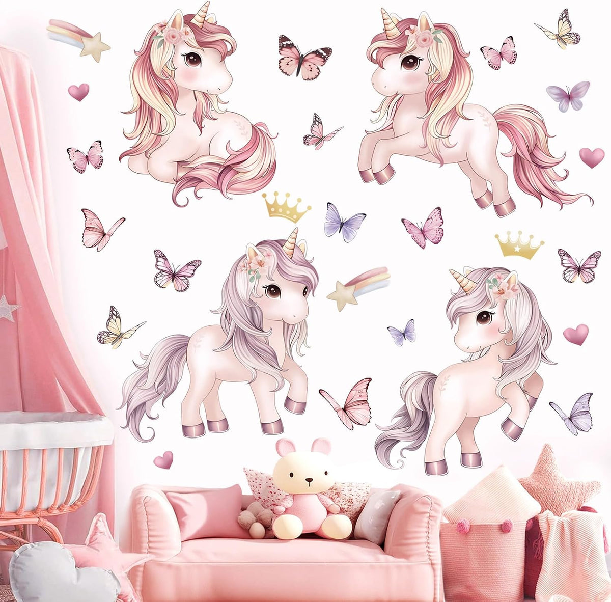 Pink Unicorn Butterfly Wall Decals Rainbow Heart Wall Stickers